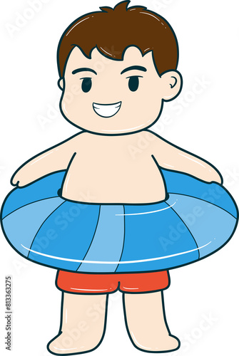 cartoon boy is holding a inflatable pool ring