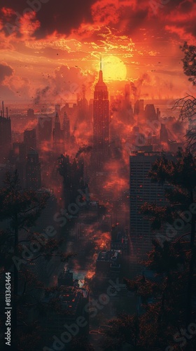 Silhouette of a Majestic Post-Apocalyptic City Skyline at Sunset. Urban Landscape with Skyscrapers and High-Rise Buildings  Fragmentation  and Destruction