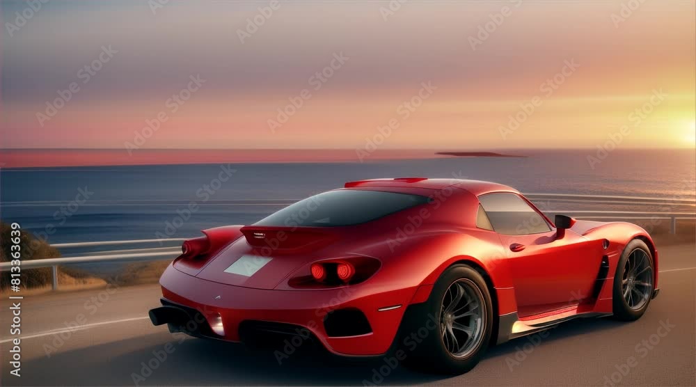 Car running on asphalt road, landscape view of big mountains and sunset sky in the background. Car running on asphalt road, landscape view of big mountains and sunset sky in the background.