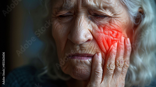 Elderly woman, 70s, hands on face, red glow on cheek, symbolizing pain. Concept: facial pain, pain in the trochlear nerve or toothache photo