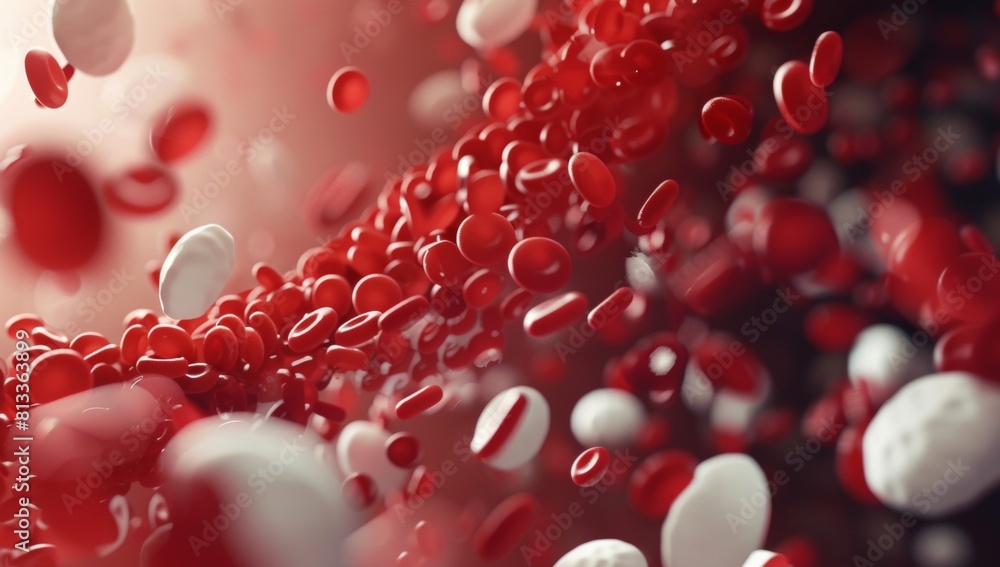 3D animation style illustration of red and white cells in the human body, inside an overlayed tube or pipe with fluid, viewed from above in the style of unknown artist. 3D animation style illustration of red and white cells in the human body, inside an overlayed tube or pipe with fluid, viewed from above in the style of unknown artist.