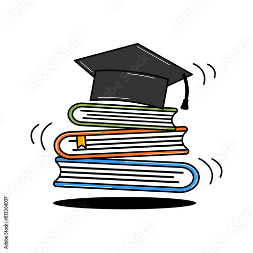 Back to school retro groovy art. Set of books and graduation cap. Elements on a transparent background. Contemporary vector illustration.