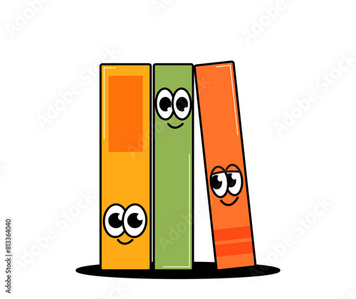 Back school retro cute characters. Set of three funny books with cute faces. Funky groovy mascots on a transparent background. Contemporary vector illustration. photo