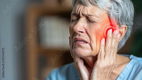 Senior woman with gray hair clutching ear in pain, facial expression showing discomfort, indoor setting, bright light, health issue.