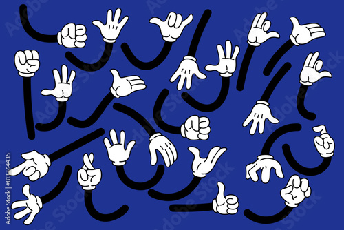 Set of cartoon hands in gloves. Retro style mascot hands. Rubber hose style hands. Vector illustration