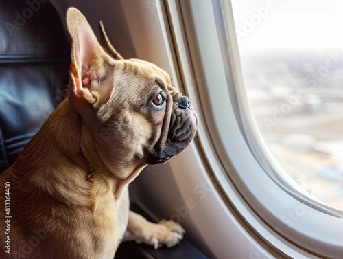 Foto A fawn French Bulldog with wrinkled snout sits by the window on the airplane