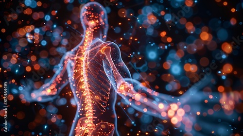 Human body, glowing nerves and spine, surrounded by lights, symbolizing neural network. Concept: neural network.