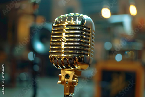 Chrome vintage microphone on stage for live performance