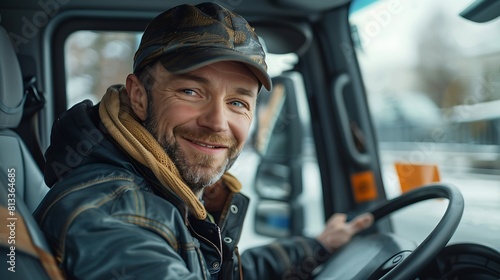 Happy truck driver entering in vehicle cabin and looking at camera, © Sci-Tech