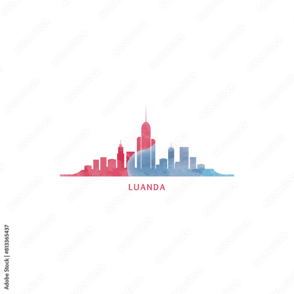 Naklejka premium Luanda watercolor cityscape skyline city panorama vector flat modern logo, icon. Angola capital emblem concept with landmarks and building silhouettes. Isolated colorful graphic