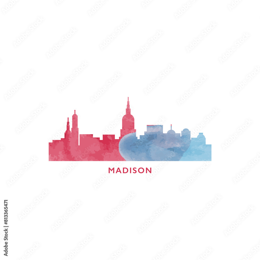 Fototapeta premium Madison, USA, Wisconsin state watercolor cityscape skyline city panorama vector flat modern logo, icon. United States of America emblem with landmarks and buildings. Isolated colorful graphic