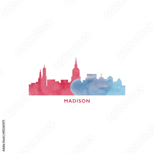 Madison, USA, Wisconsin state watercolor cityscape skyline city panorama vector flat modern logo, icon. United States of America emblem with landmarks and buildings. Isolated colorful graphic