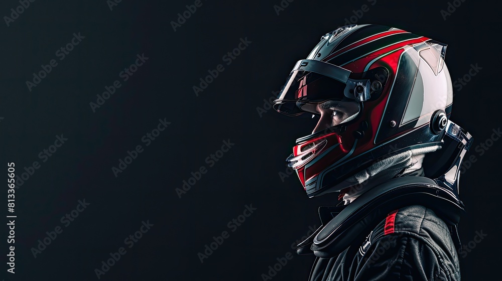 portrait of a racing driver in a helmet. formula one racing driver on black background. Banner with copy space, 