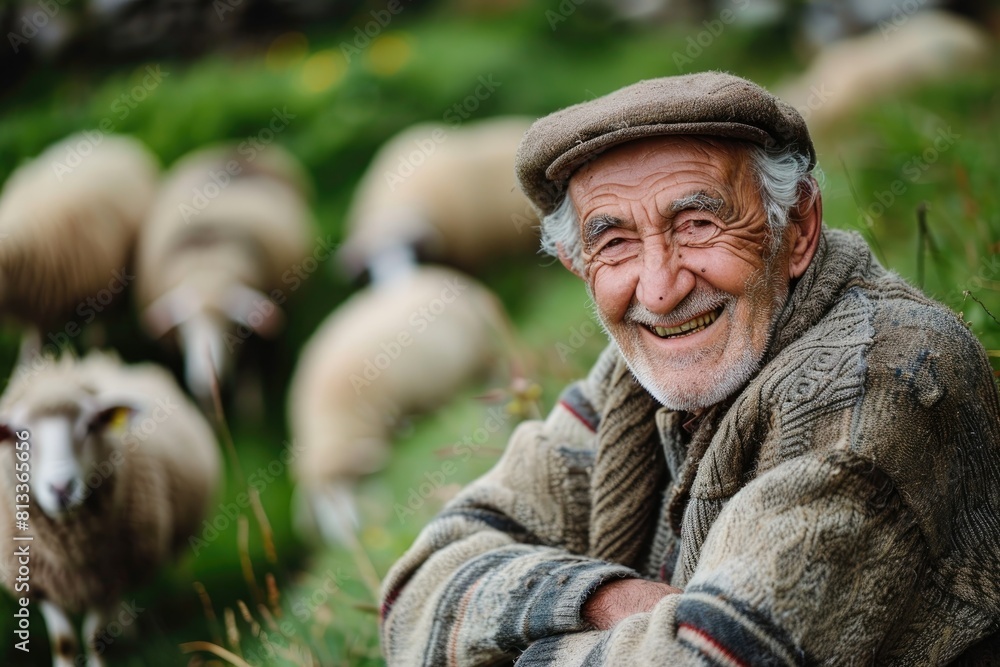 old shepherd with many sheep on field old shepherd with many sheep on field