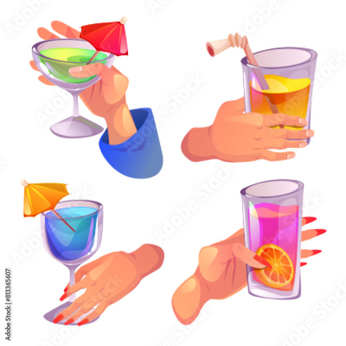 Alcohol cocktail glass hold in hand for party toast vector. Martini drink beverage for woman. Margarita, tonic, prosecco or sangria aperitif set for lady birthday isolated. Arm holding different juice