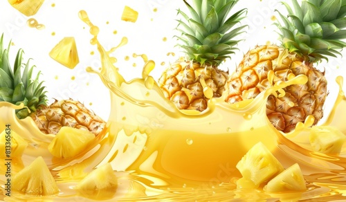 Pineapple splash with juice isolated on a white background vector illustration, depicted in a detailed and realistic style similar to logo design. Isolated on a pastel background, clipart. photo
