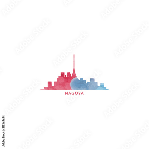 Nagoya watercolor cityscape skyline city panorama vector flat modern logo, icon. Japan megapolis emblem concept with landmarks and building silhouettes. Isolated colorful graphic