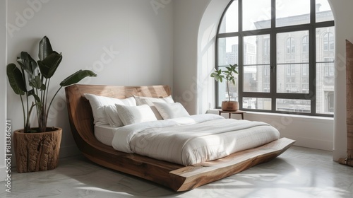 The bed is made of wood and has a natural finish