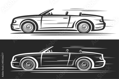 Vector logo for Convertible Car, decorative banner with simple contour illustration of large super car in moving, line art design monochrome performance car, profile view on black and white background