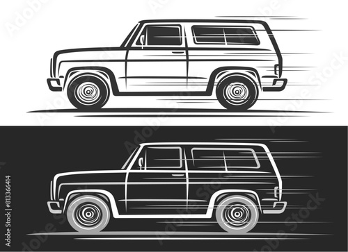 Vector logo for Off Road Car, automotive decorative banner with simple contour illustration of line art monochrome sports utility vehicle in moving, running off road car on black and white background