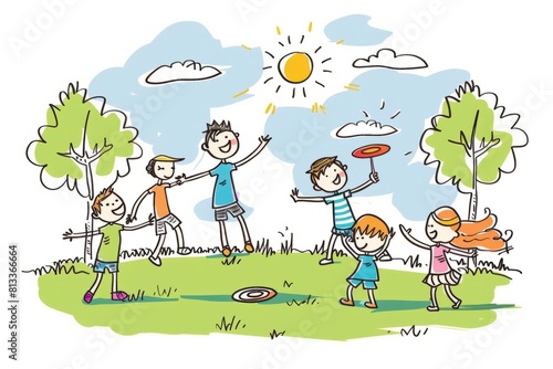 Cartoon cute doodles of friends meeting up at a local park for a game of frisbee  tossing the disc back and forth and enjoying the sunshine and fresh air Generative AI