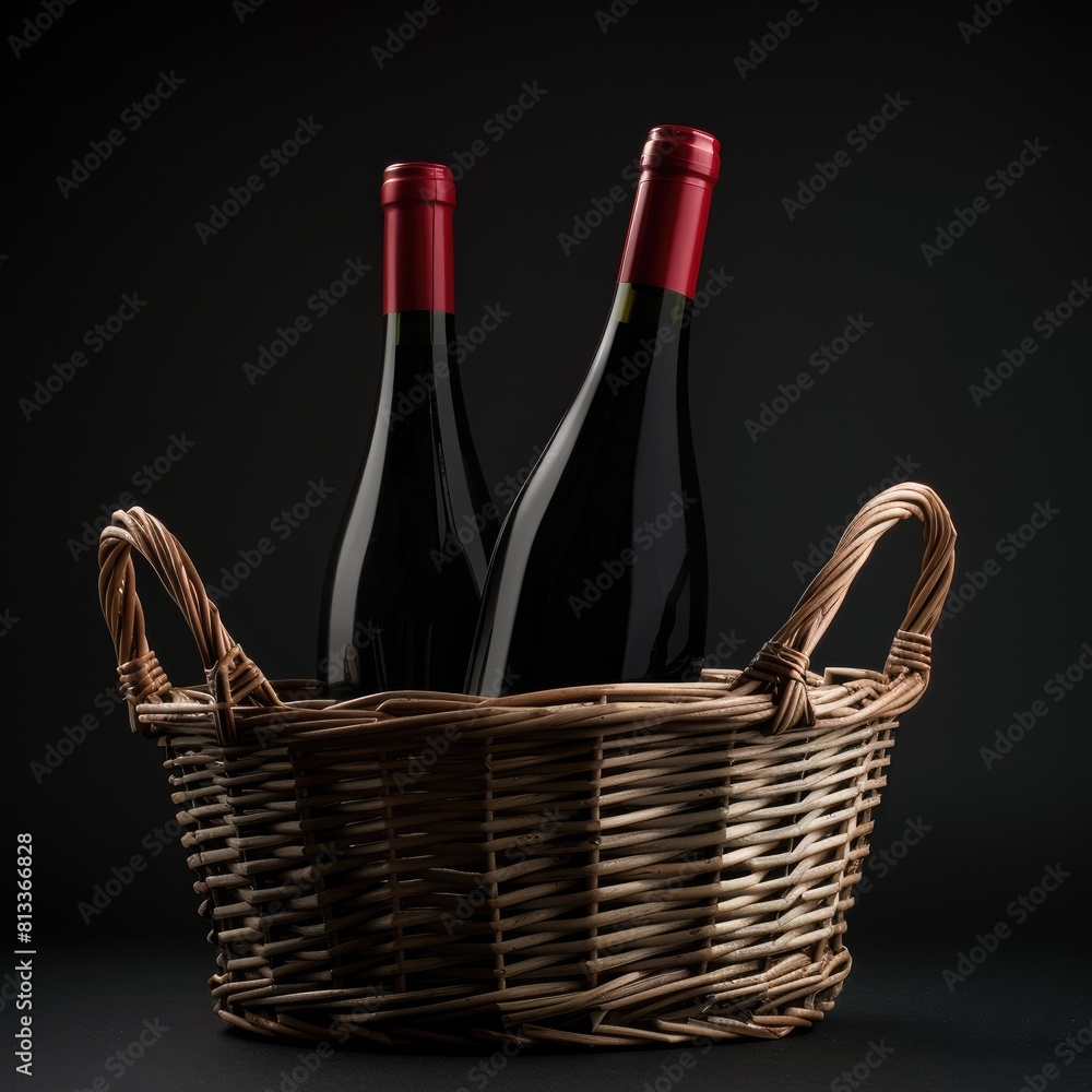 Wine bottles in basket on black background. Wine bottles in basket on black background.