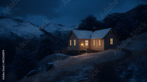 A picturesque cabin nestled in the heart of a snow-capped mountain range. Generative AI