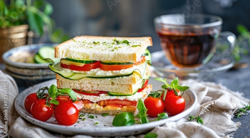 Sandwiches with cream cheese, cherry tomatoes, cucumbers and green onions, a cup with black tea.