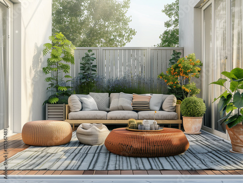 Schöne Terrasse mit Sitzecke und Kissen auf der Couch und Blumentöpfen. Sommerliches Licht. Großer Garten mit grünem Rasen. photo