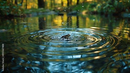 Zoom in on the rippling surface of a pond as a frog leaps into the water  sending out concentric waves that distort and blur the reflection of the surrounding trees.