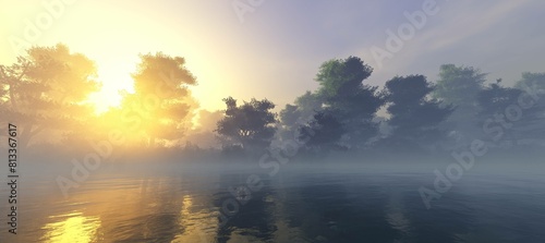 Sunset over a forest lake  morning in the forest over the water  3D rendering