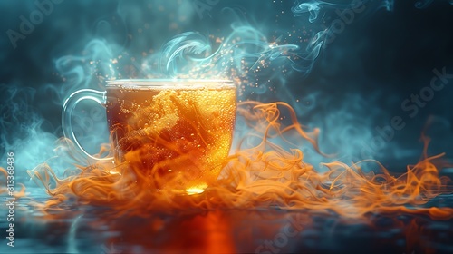 Zoom in on the swirling patterns of steam rising from a cup of hot tea, curling and twisting in the air before dissipating into the surrounding space. photo