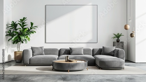 Interior of modern living room with white walls, concrete floor 