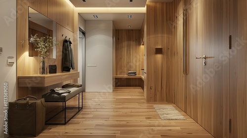 Interior stylish modern wooden entrance hallway decor with cozy wooden tone 