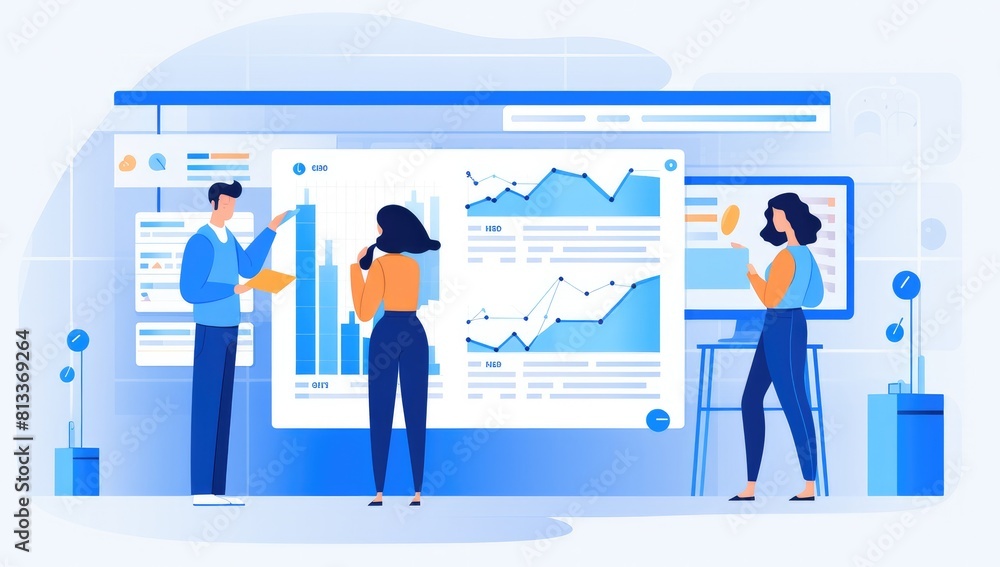 Obraz premium Digital marketing data analysis, team people looking at a computer screen with graphs and charts floating around them, light blue background.