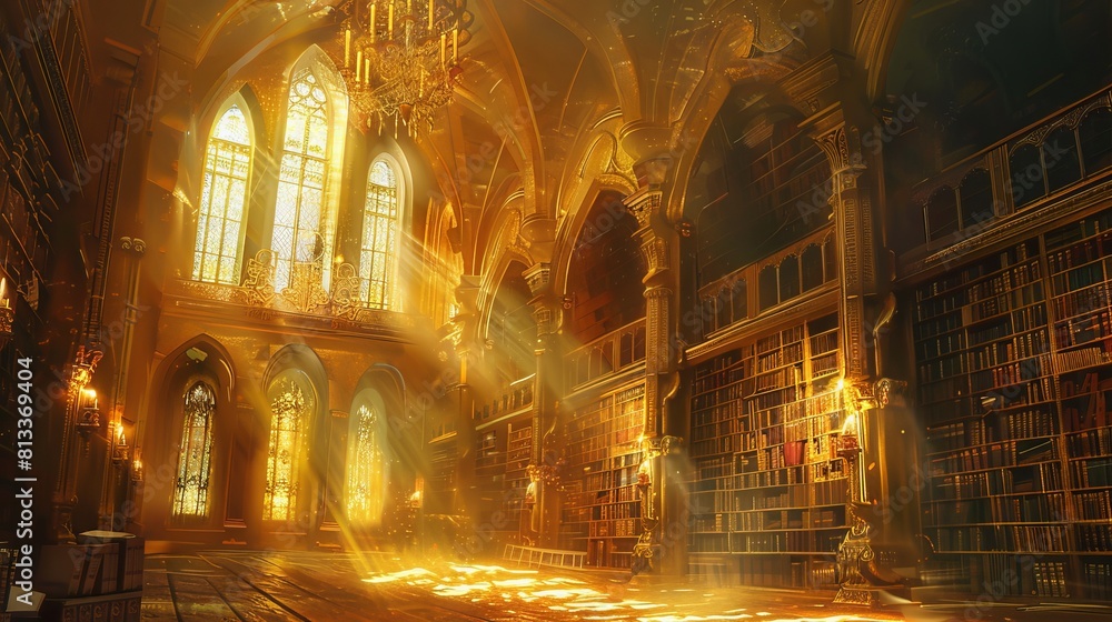 Sunlight streaming through the interior of a magical library, illuminating intricate golden artworks Sunlight streaming through the interior of a magical library, illuminating intricate golden artworks