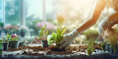 person planting plants in the garden horticulture botany on a blurred background photo