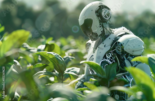 A futuristic robot is tending to crops in an agricultural field, using advanced technology and AI for precision farming