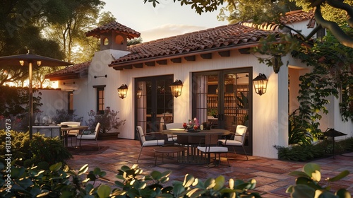 A detailed, wide-angle depiction of a stylish small Spanish bungalow restaurant with noticeable French design elements, situated in Los Angeles at sunset © Yusif