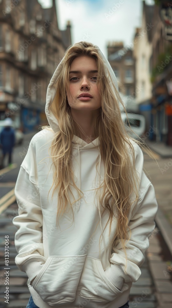 A portrait of a blonde woman wearing a white hoodie in a city setting, exuding a fashionable and attractive appearance A portrait of a blonde woman wearing a white hoodie in a city setting, exuding a fashionable and attractive appearance