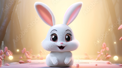 a white cute easter bunny smiling with big eyes HappyEaster on abstract background photo