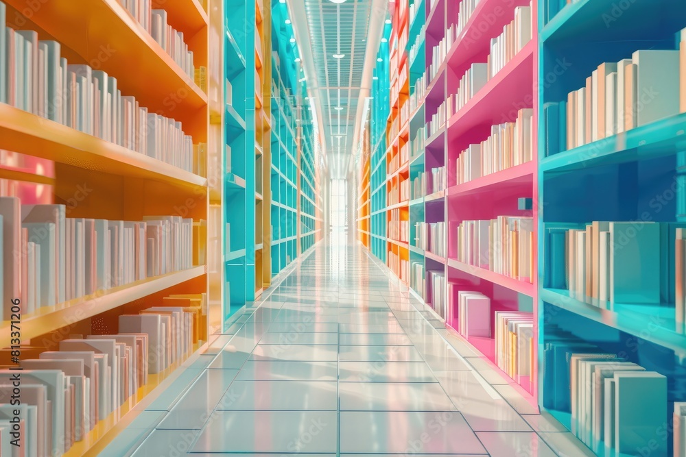 A 3D rendering bright and colorful library with bookshelves bookshelves and workspace and plenty of natural light A 3D rendering bright and colorful library with bookshelves bookshelves and workspace and plenty of natural light
