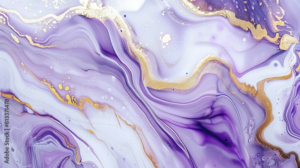 Marble violet with gold. Abstract violet and white marble background with golden lines, liquid art painting in the style of watercolor