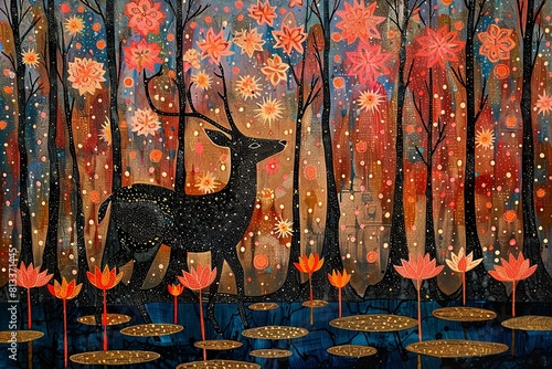 Heartfelt depiction of a deer in a starlit forest with lotuses, crafted in traditional Madhubani Bharni style