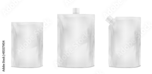 Doypack mockup for food or cosmetic branding. Realistic 3d vector illustration set of white pouch with zipper and cap. Template collection of blank plastic package or bag container for sauce.