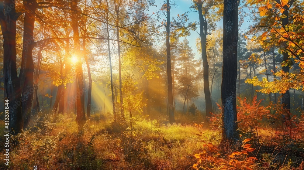 Autumn forest nature. Sunny morning in colorful fores. generative ai