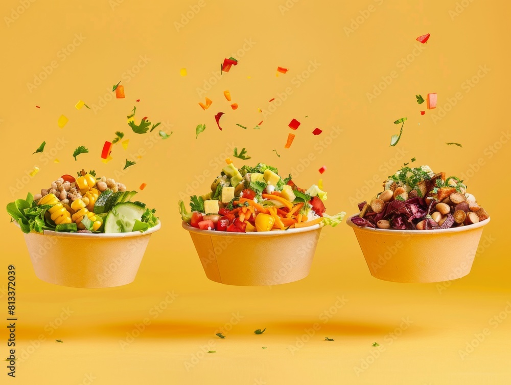 Vibrant, colorful salads served in eco-friendly bowls with ingredients tossed into the air against a solid yellow background Vibrant, colorful salads served in eco-friendly bowls with ingredients tossed into the air against a solid yellow background