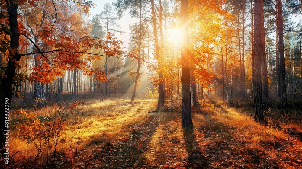 Obraz premium Autumn forest nature. Sunny morning in colorful fores. generative ai