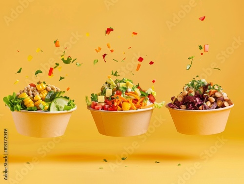 Vibrant  colorful salads served in eco-friendly bowls with ingredients tossed into the air against a solid yellow background