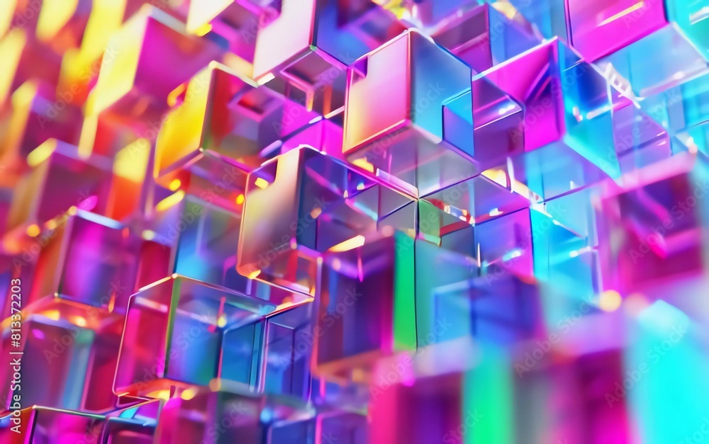 Abstract 3d background wallpaper with glass squares with colorful light emitter iridescent neon holographic gradient. Design visual elements for banner headers
Abstract 3d background wallpaper with glass squares with colorful light emitter iridescent neon holographic gradient. Design visual elements for banner headers